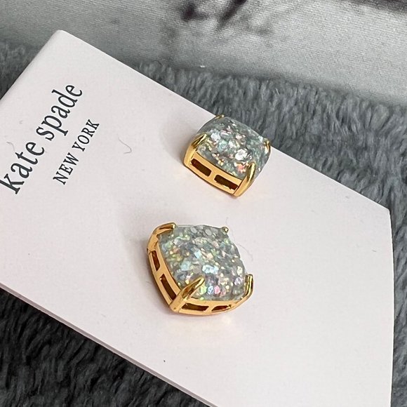 Kate Spade Opal Glitter Square Stud Earrings Gold Plated with Pouch NWT - Picture 6 of 8